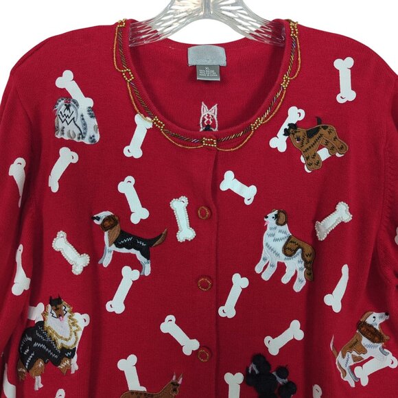 Berek Vintage Red Sweater Cardigan Women’s XL Embroidered Dog and Bone Beaded - Picture 4 of 16